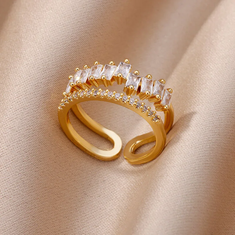 

Elegant Luxury Zircon Rings For Women Stainless Steel Gold Plated Double Finger Rings Trendy 2023 Wedding Jewelry Free Shipping