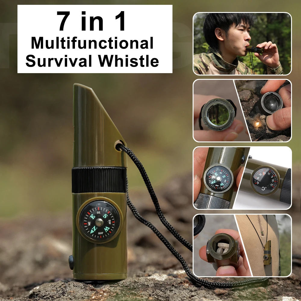 

7 In 1 Survival Whistle SOS Survival Kit Camping with Compass Thermometer Flashlight Magnifier Tools Outdoor Hiking Gear Multi