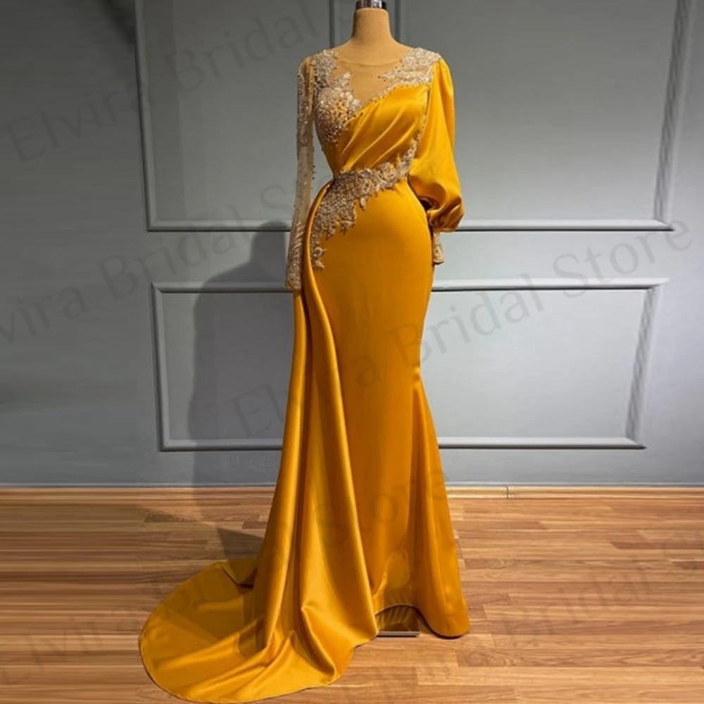 

Luxury Asymmetric Long Sleeve Evening Dresses Mermaid Satin Jewel Sweep Train with Applique Sequins Beads Pearls Formal Gowns