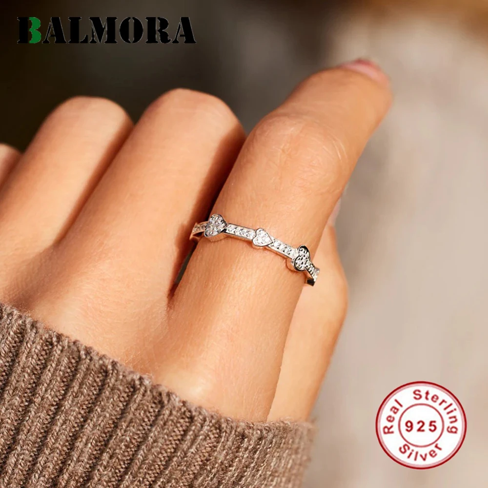 

BALMORA Stering 925 Silver Simple Love Heart Zircon Adjustable Open Ring For Women Girl Vintage Anillos Friend Jewelry Gift
