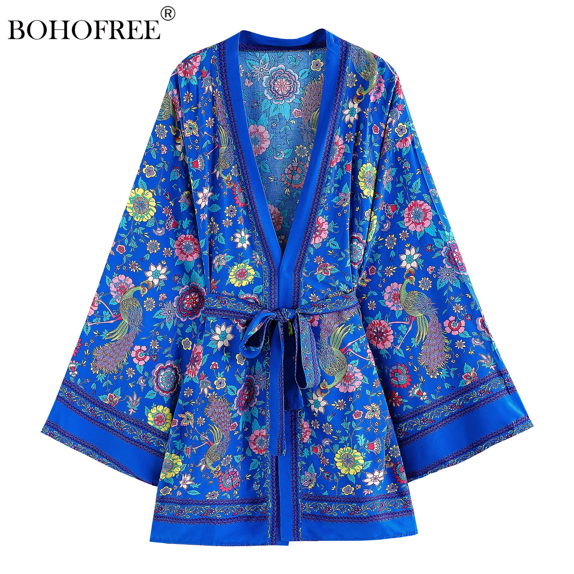 

Vinatge Blue Peacock Print Rayon Kimono Casual Oversized Floral Cover Ups Bohemian Robes Women Blusas Summer Bikini Tops