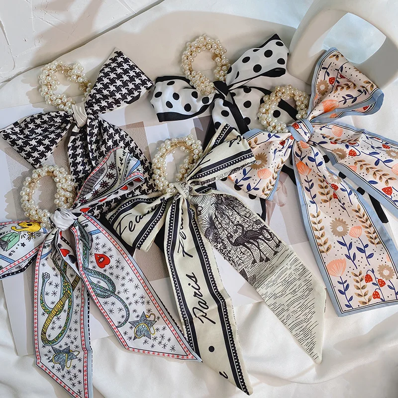 

New Hair Ties Silk Scarf, Pearl Ribbon, Hair Ring, Bow Tie, Head Rope, Super Fairy Ribbon, Elegant Hair String Hair Accessories