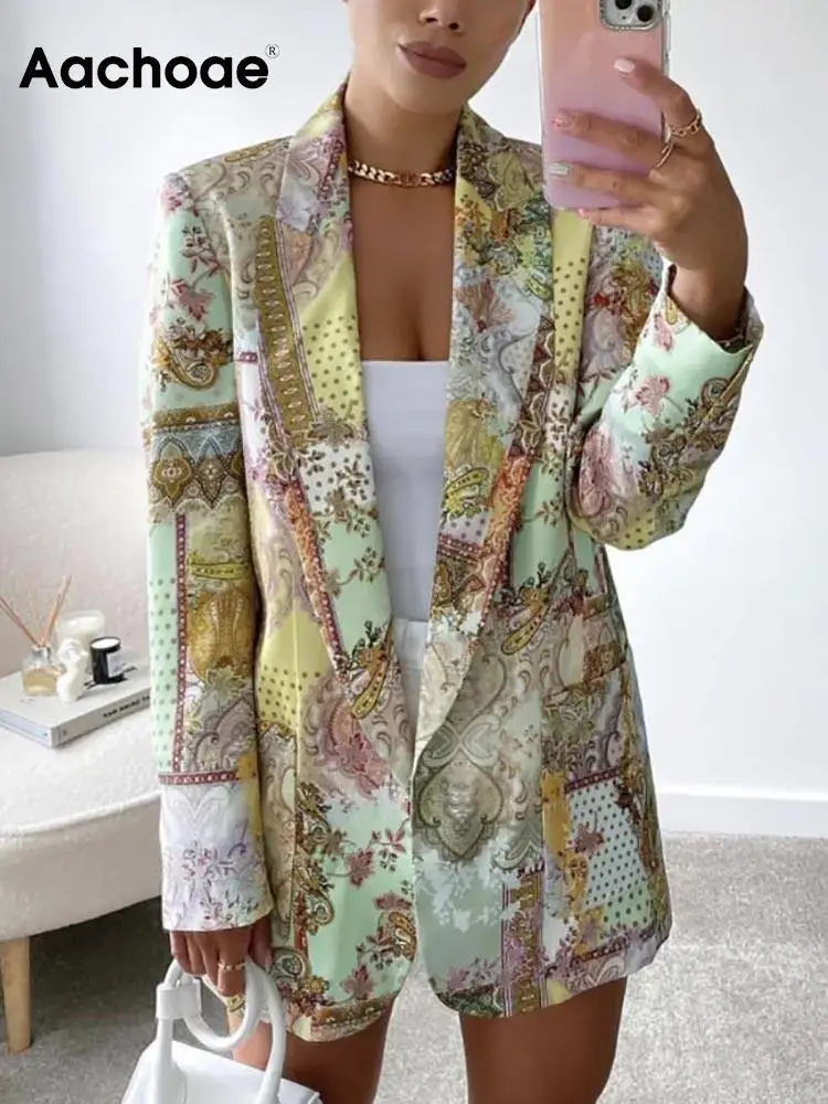 

Aachoae Women Vintage Floral Printed Blazer Suits Notched Collar Long Sleeve Blazers Female Fashion Autumn Outerwear Tops