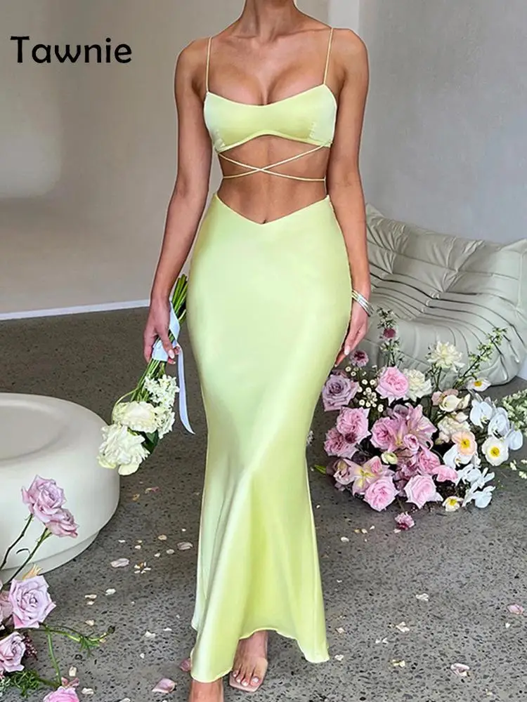 

Женский комплект из 2 предметов Tawnie Y2K, Бандажное платье на шнуровке с открытой спиной и укороченный топ и Макси-юбка, комплект из двух предме...