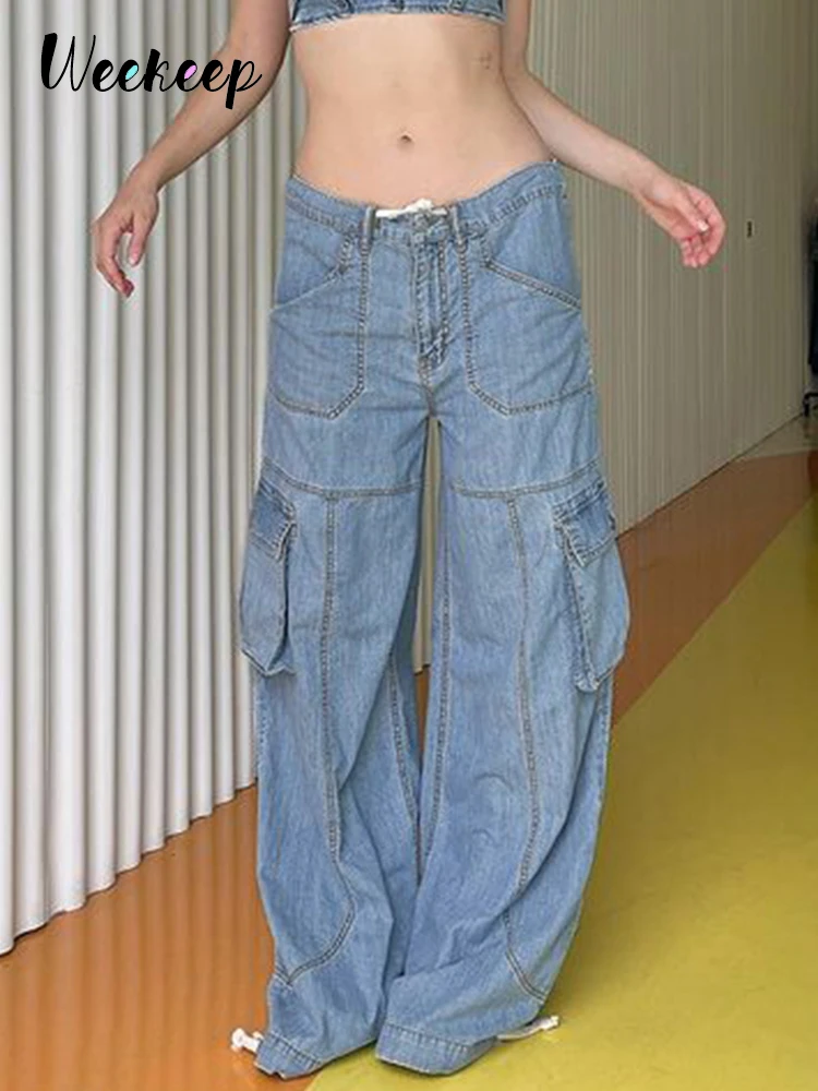

Weekeep Straight Blue Cargo Jeans Pants Drawstring Low Rise Vintage Baggy Denim Trousers Women Streetwear Casual Pocket Mom Jean