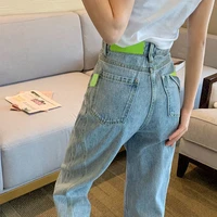 woman jeans high waist design colorblock washed blue high waist trousers casual straight pants womens jeans trousers for girls