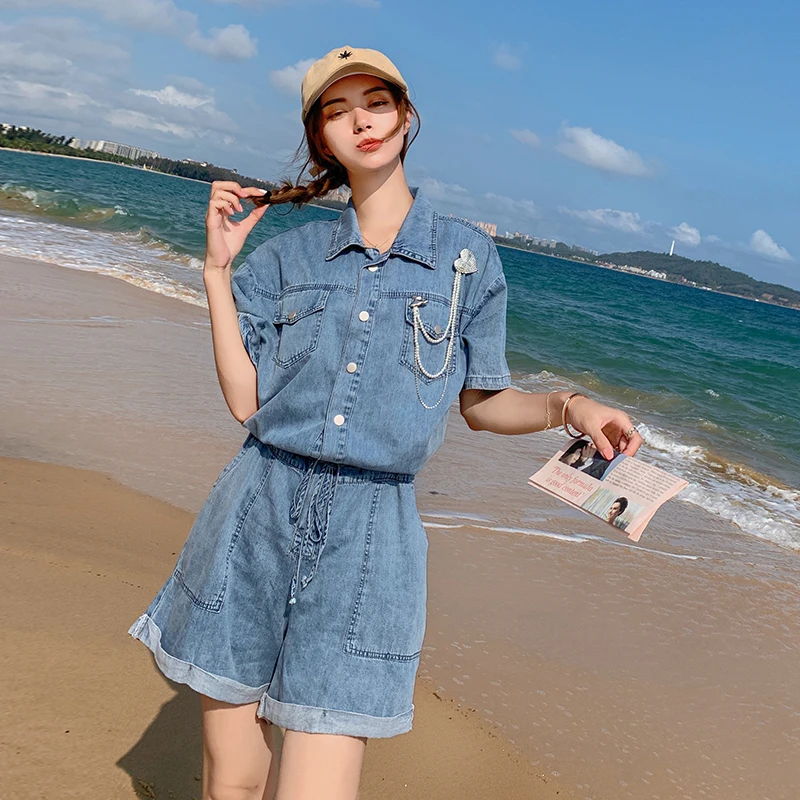 

Women 2022 Summer New Vintage Denim Playsuits Female Short Sleeve Casual Shorts Rompers Jumpsuit Jeans Overalls for Lady P39