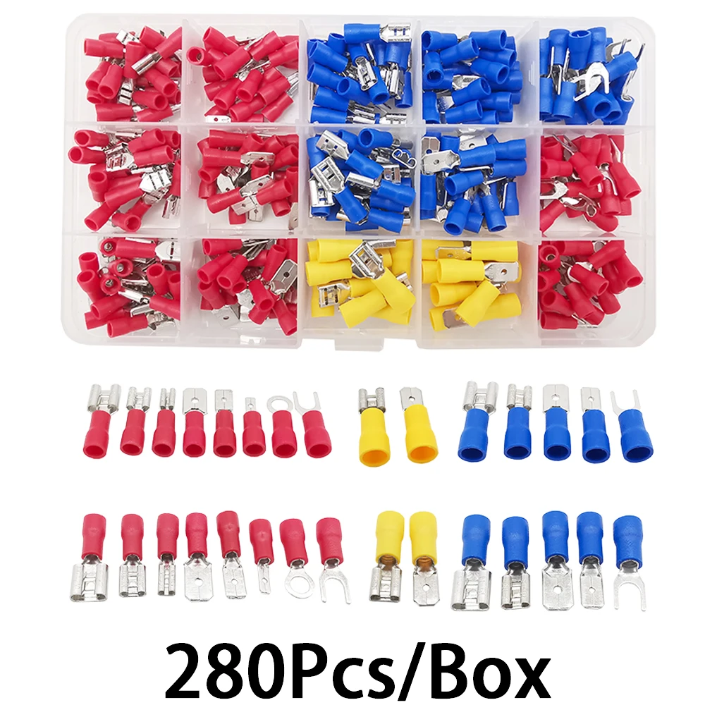 

280Pcs/Box Crimp Spade Terminal Assorted Electrical Wire Cable Lugs Connector Kit Crimp Spade Insulated Ring Fork Spade Butt Set