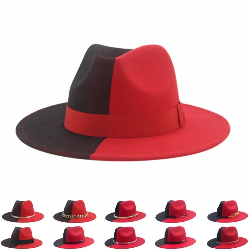 

Women Patchwork Black Red Wide Brim Fedora Panama Hat woolen jazz hat men felt hat wool-like Panama hat