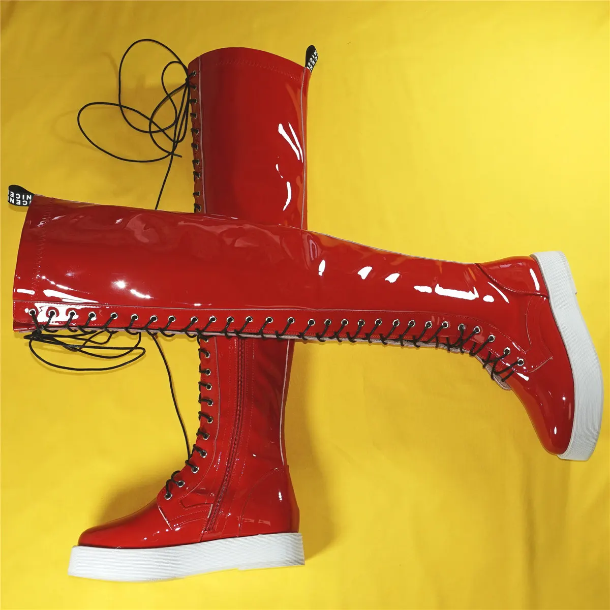 Thigh High Fashion Sneakers Women Lace Up Patent Leather Over The Knee Boots Female Round Toe Chunky Platform Pumps Casual Shoes