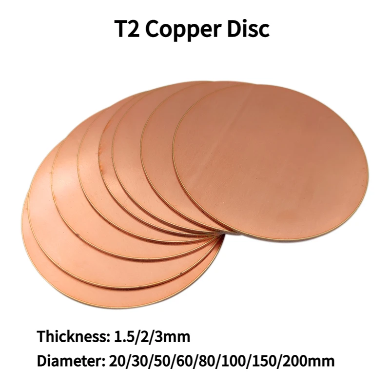 

1/2Pcs T2 Copper Disc Diameter 20/30/50/60/80/100/150/200mm Pure Copper Round Plate Circular Sheet Thickness 1.5mm 2mm 3mm