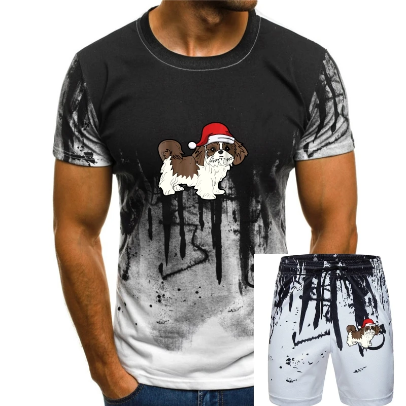 

Рождественская Пижама с шапкой Санты, футболка, Мужская футболка, черная Shih Tzu in