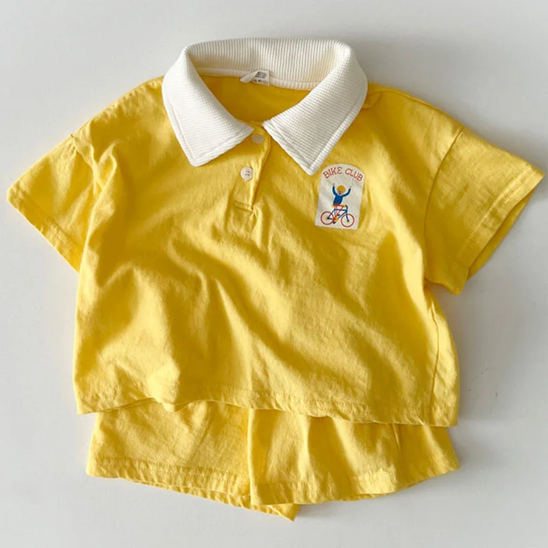 Freely Move Baby Boy Summer Kids Clothes Girls Cotton Cartoon Lapel Shirt Short Sleeve + Shorts Two-piece Set Children Suit