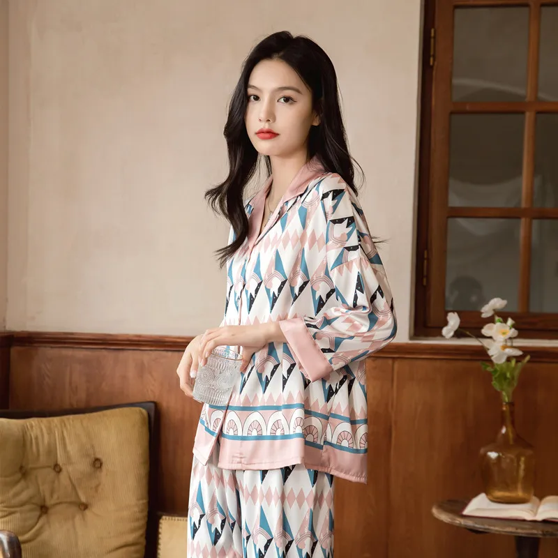 Women's Pajamas Set  Geometric Print Design High Quality Ice Silk  Silky Touch Sleepwear Nightwear Casual Home Woman Loungewear
