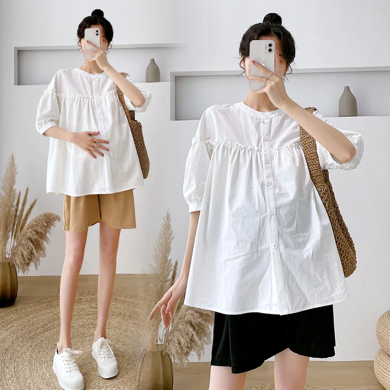 

459# 2022 Summer Fashion White Cotton Maternity Blouses Wide Leg Loose Short Clothes for Pregnant Women Pregnancy Shirt Tops