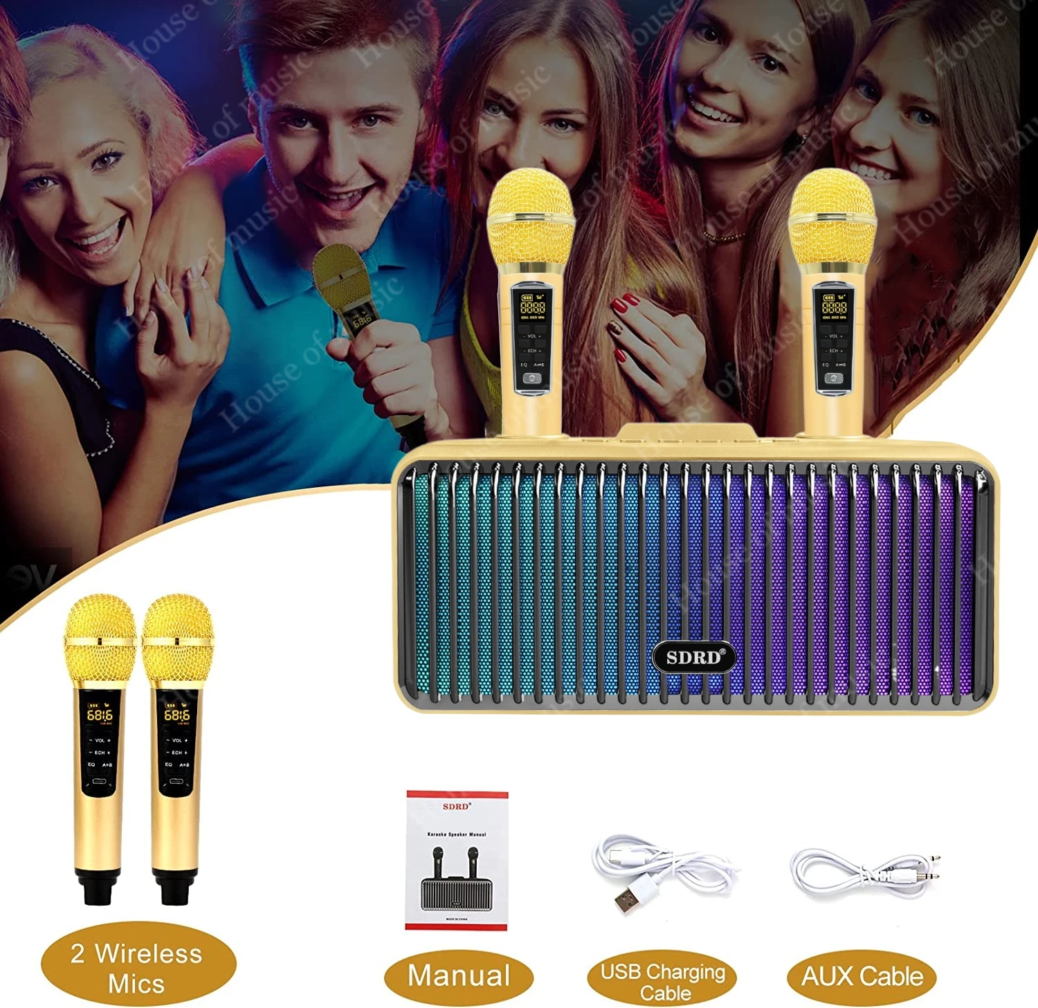 

2023 New Family Theater KTV Sound Set with Two Wireless Microphone High-power Portable Bluetooth Speakers Mobile Karaoke Machine