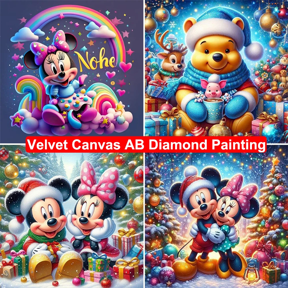 

Christmas Mickey Minnie Velvet Canvas AB Diamond Painting DIY 5D Cartoon Diamond Embroidery Mosaic Cross Stitch Kits Craft Gifts