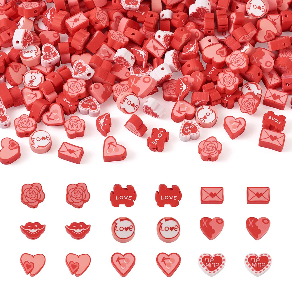 

270pcs Valentine's Day Theme Handmade Polymer Clay Beads Red Heart Rose Mix Shape Spacer Beading Bracelet Necklace DIY Jewelry