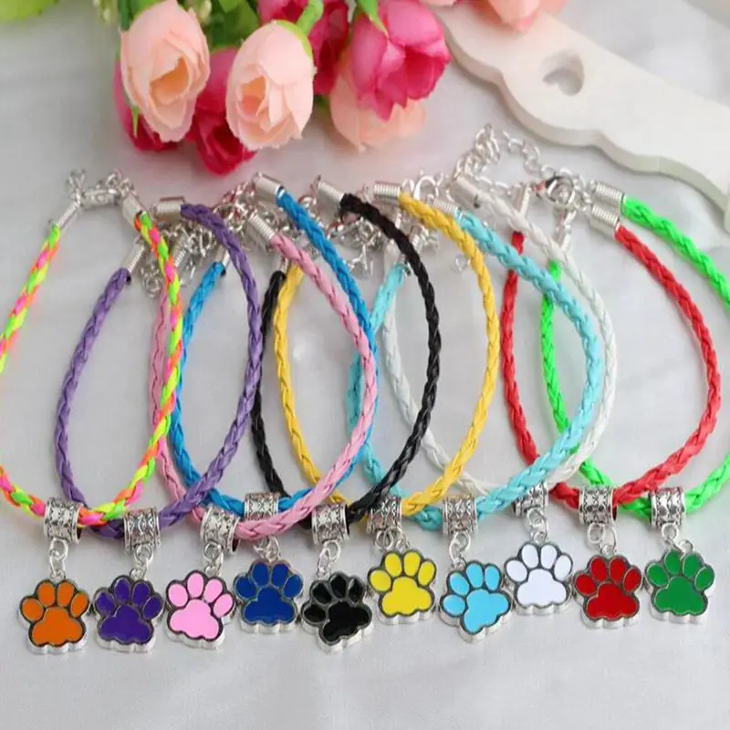 

Enamel Dog Cat Pet Paw Print Bracelet Mix Braided Leather Charm Bracelet Pattern Punk Pet Dog Lover Jewelry Bijoux Luxury Gift