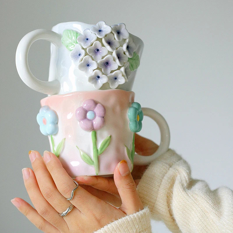 

2023 AhunderJiaz Prairie Chic Ceramic Flower Mug 3D Flower Coffee Milk Cup French Breakfast Cup Household Drinking Set Girl Gift