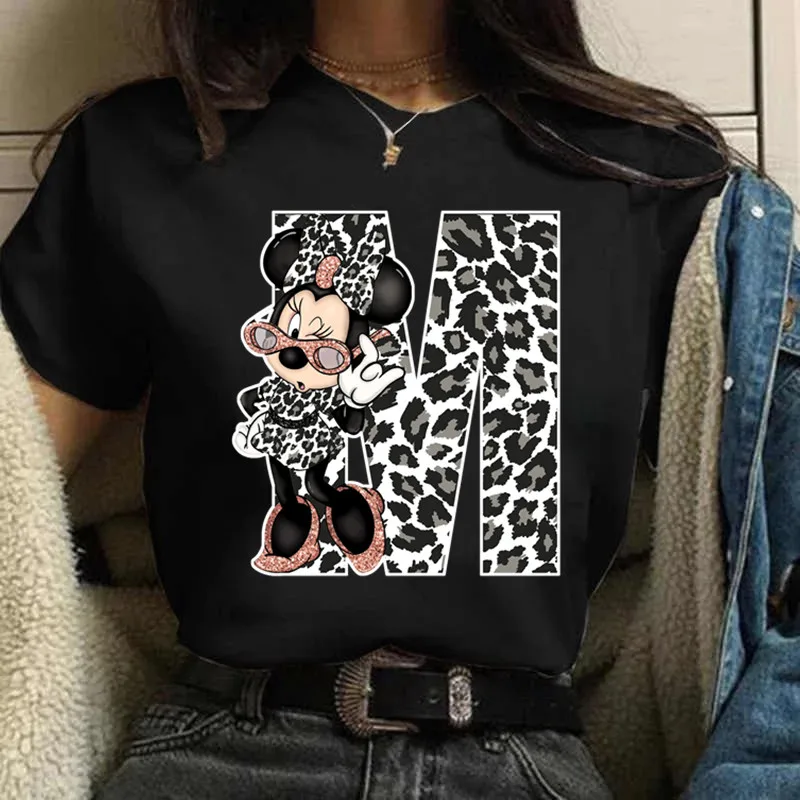 Fashion Women T Shirt Disney Minnie Print Casual Tops Custom Name Letter Combination Font A B C D E O Female Black Tee Shirt images - 6
