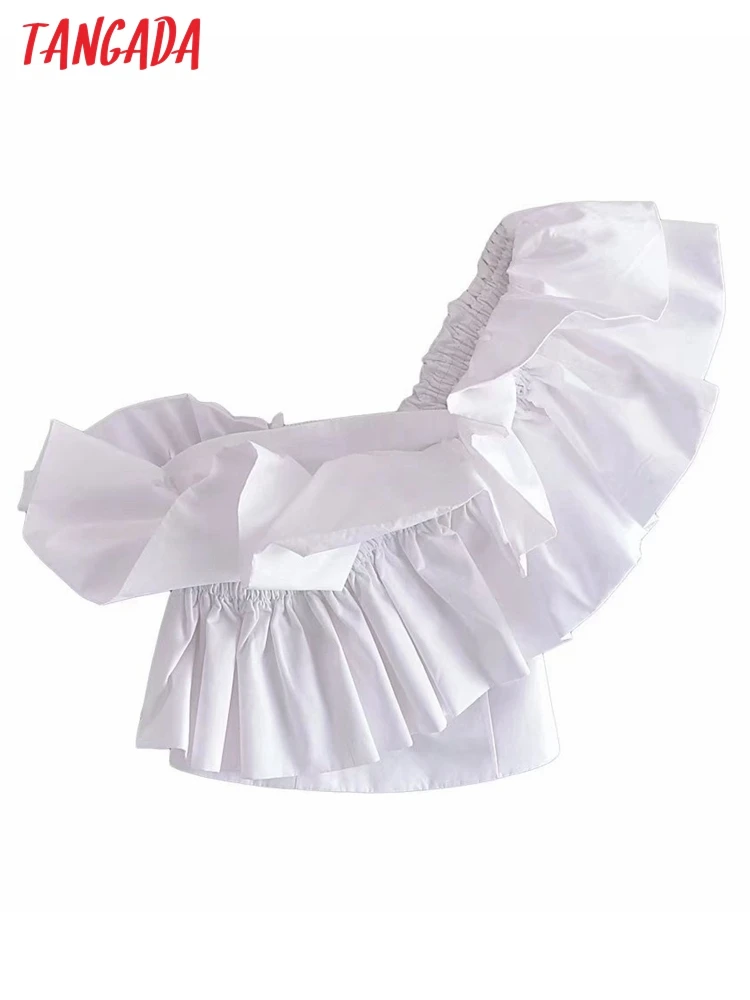 

Tangada Women Retro Ruffles White Romantic Blouse Shirt Off Shoulder Short Sleeve 2022 Chic Female Shirt Tops 3H240