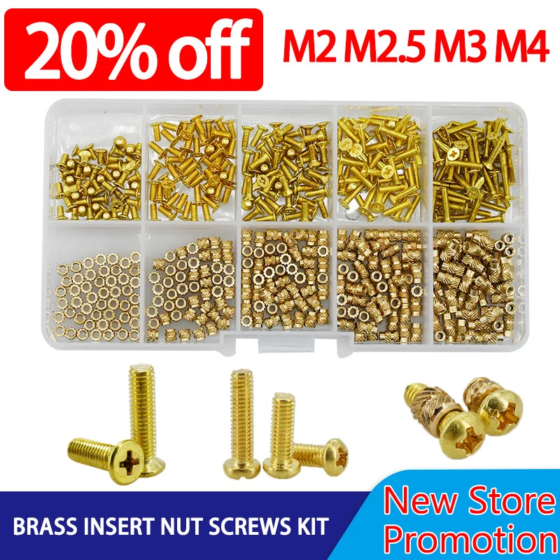 

Brass Screws Insert Nut Set Kit M2 M2.5 M3 M4 Phillips Cross Countersunk Round Head Threaded Bolts Hot Melt Knurled Injection