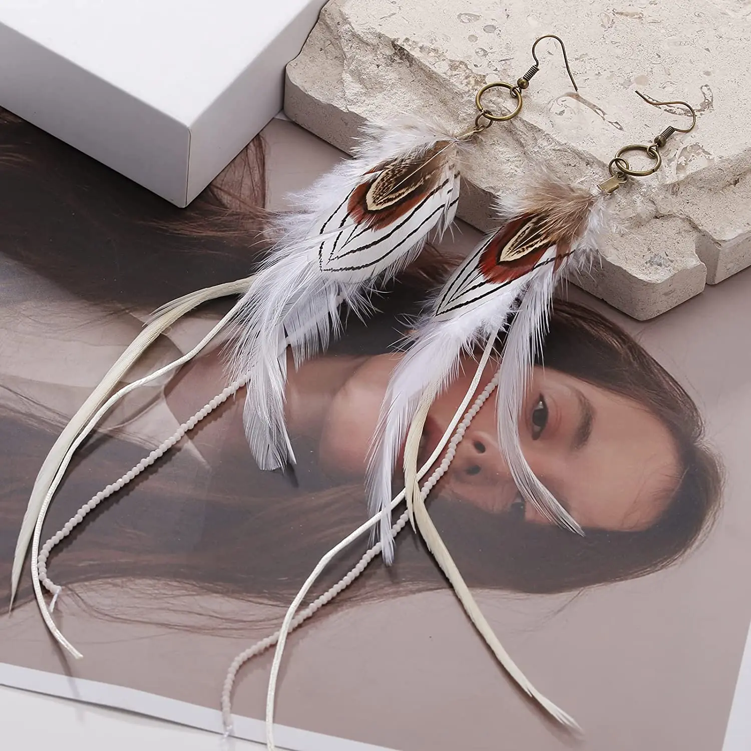 

Long Feather Earrings for Women, Boho Bohemian Earrings Multicolor Tassel Handmade for Women Dangling