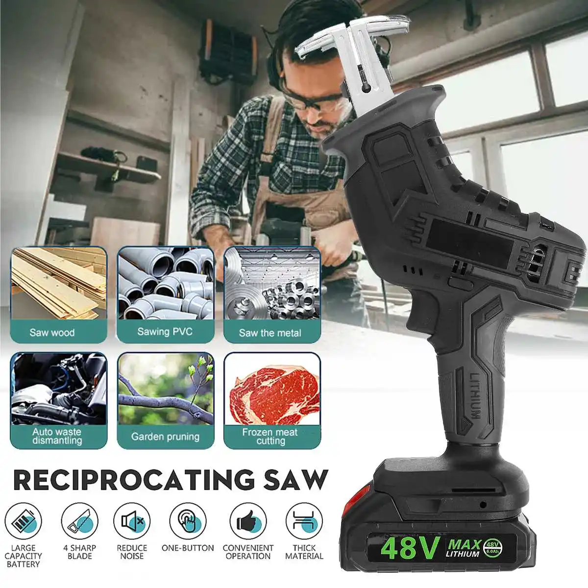 

48V Cordless 3000RPM Reciprocating Saw Portable 10MM Electric Saw Replacement Metal Wood Cutting Machine Tool With 2Pcs Battery