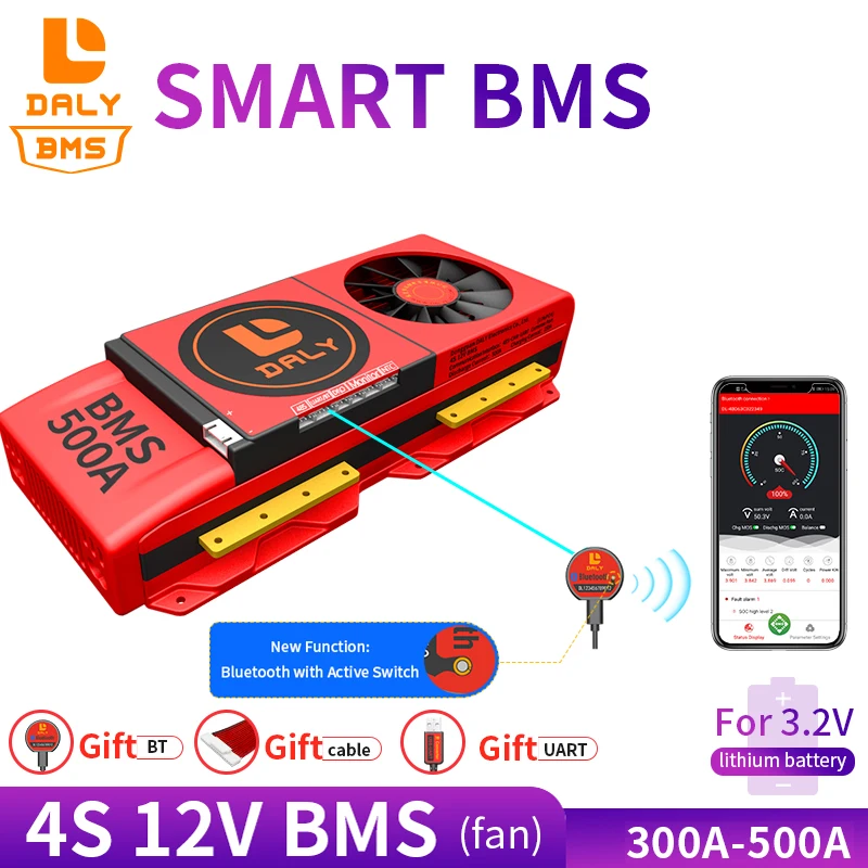 

18650 32650 LiFePO4 Аккумуляторный блок BMS 4S 12V 300A 400A 500A с вентилятором, общий порт с балансом для солнечной батареи