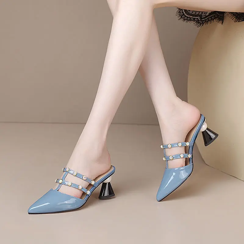

Summer New2023 Soft Patent Leather Pointed Toe Toe Sandals and Slippers Pearl High Heel Shaped Heel Fashion Women's Shoes