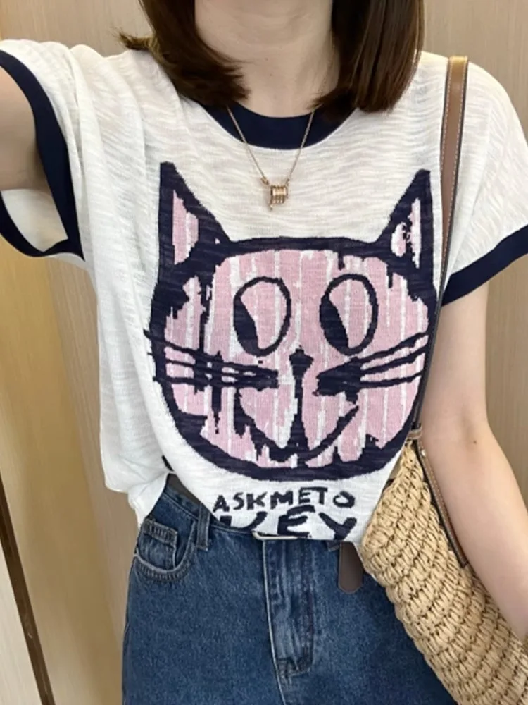 European Goods Ice Silk Knit Women's Short Sleeve Summer 2023 New Fashion Contrast Color Bottoming Shirt Pullover Slimming Top