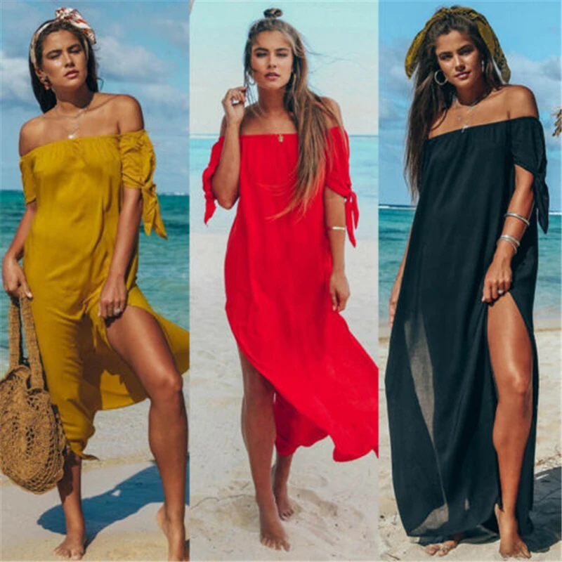 

2022 Summer Women Swimsuit Bikini Cover Up Sexy Beach Cover Ups Chiffon Long Dress Elegant Solid Beach Bathing Suit tunic kaftan