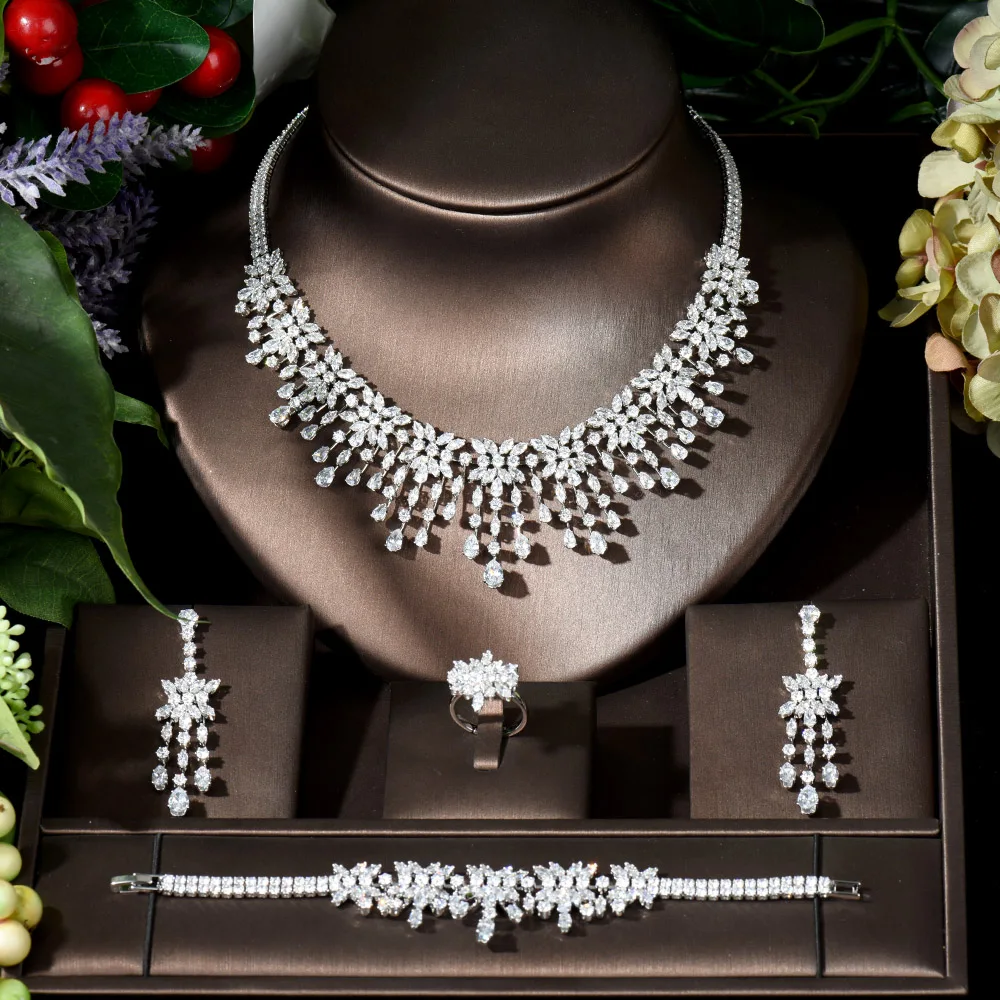 Fashion Beautiful Big Silver Color Nigerian Wedding Cubic Zircon Necklace Dubai 4PCS Dress Jewelry Sets For Party Gifts N-212