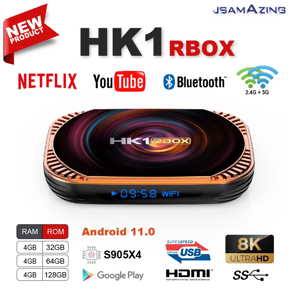 

Приставка Смарт-ТВ HK1 RBOX X4, Android 11,0, Amlogic S905X4, 8K, 4 ГБ, 32/ 64/128 ГБ, 3D, Wi-Fi, 2,4G и телефон, поддержка Google Player, Youtube