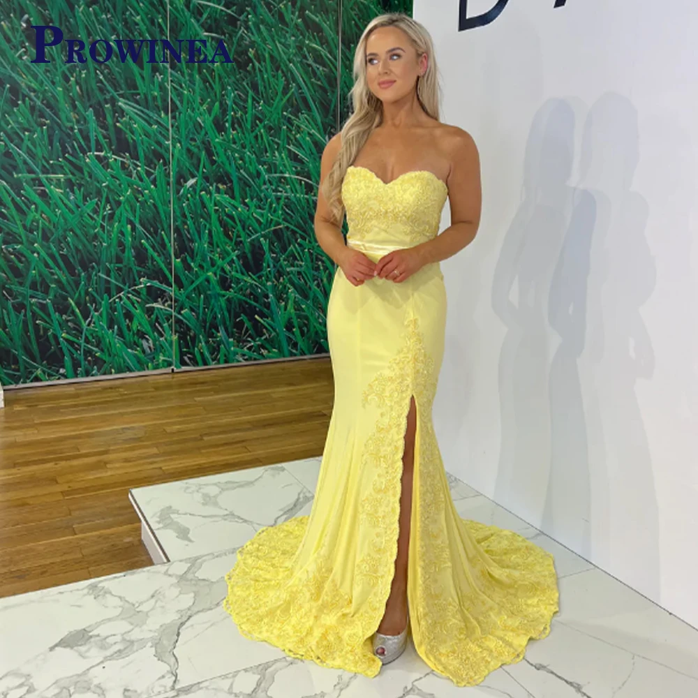 

Simple Bright Yellow Mermaid Evening Dress For Women Wedding Strapless Lace Fitted Side Slit Long Beach Party Dresses Customized
