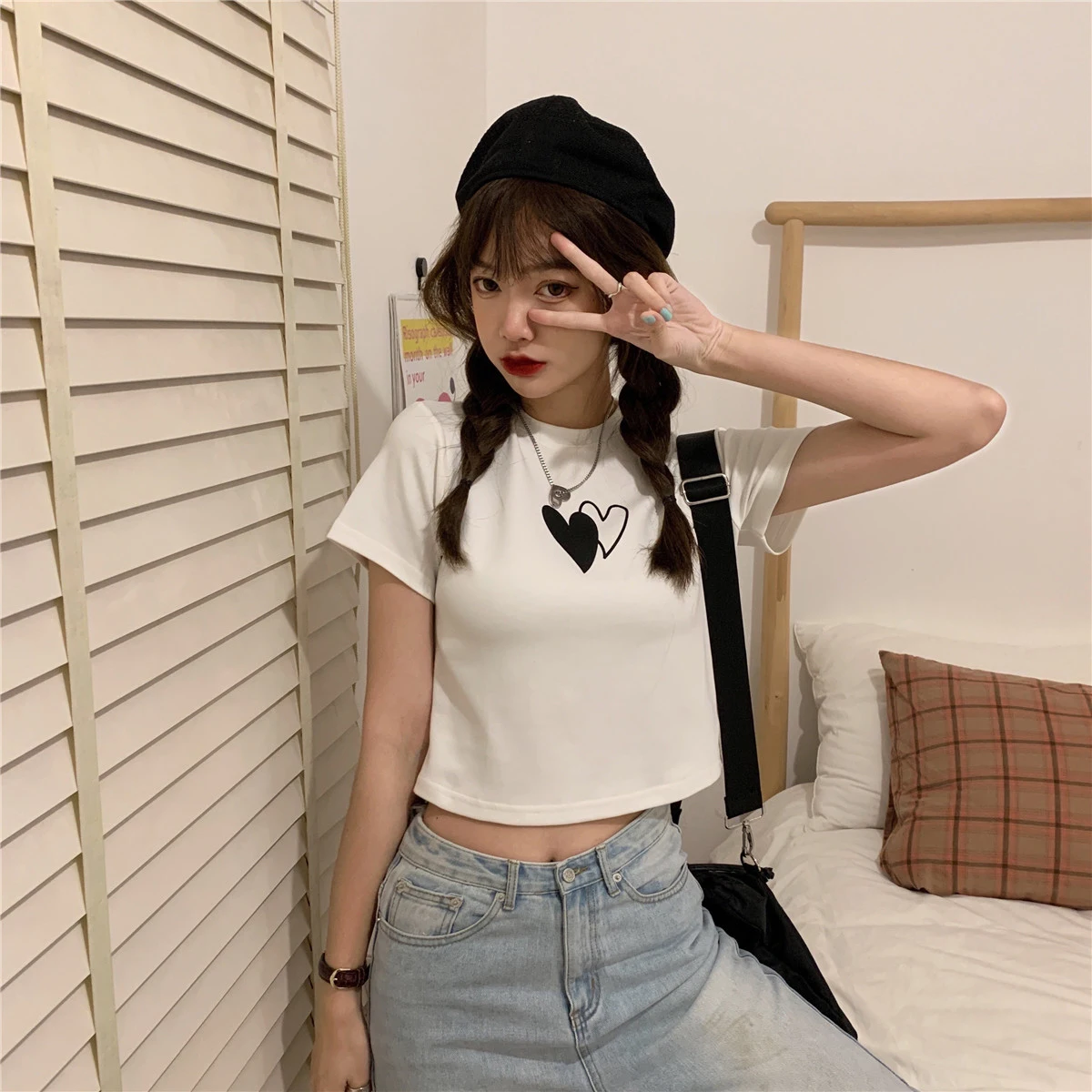 

7048 women new double love printed thin short wild short-sleeved T-shirt