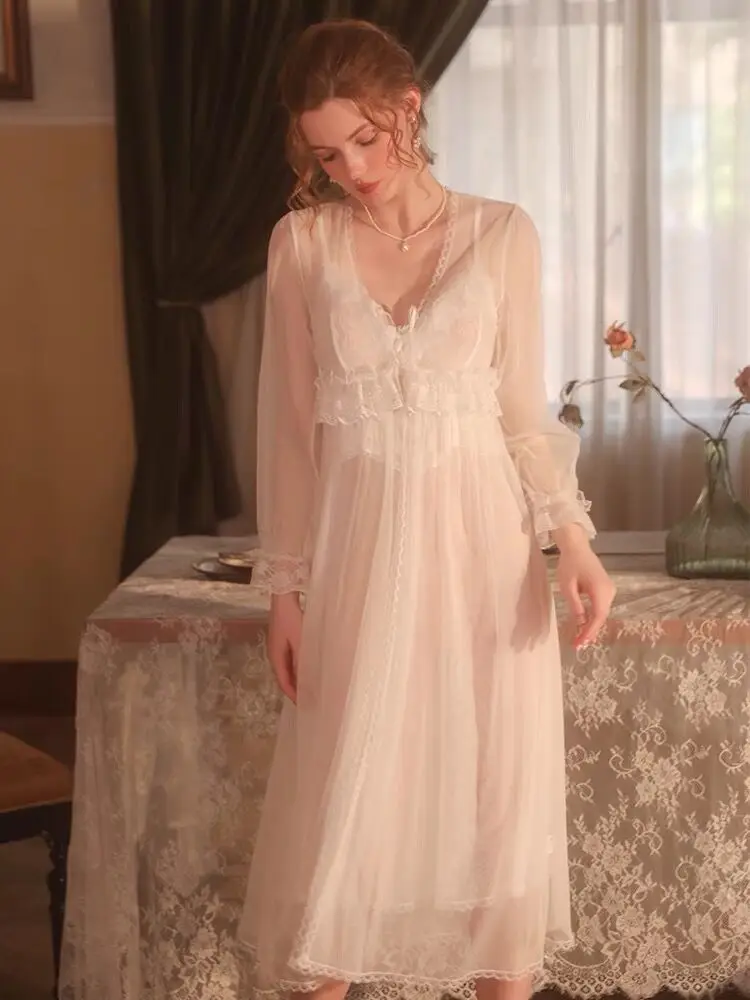 

2pcs (Dress + Robe ) French Romantic Robes Set Fairy Charming Palace Pajamas White Bride Wedding Ruffles Sleepwear Dressing Gown