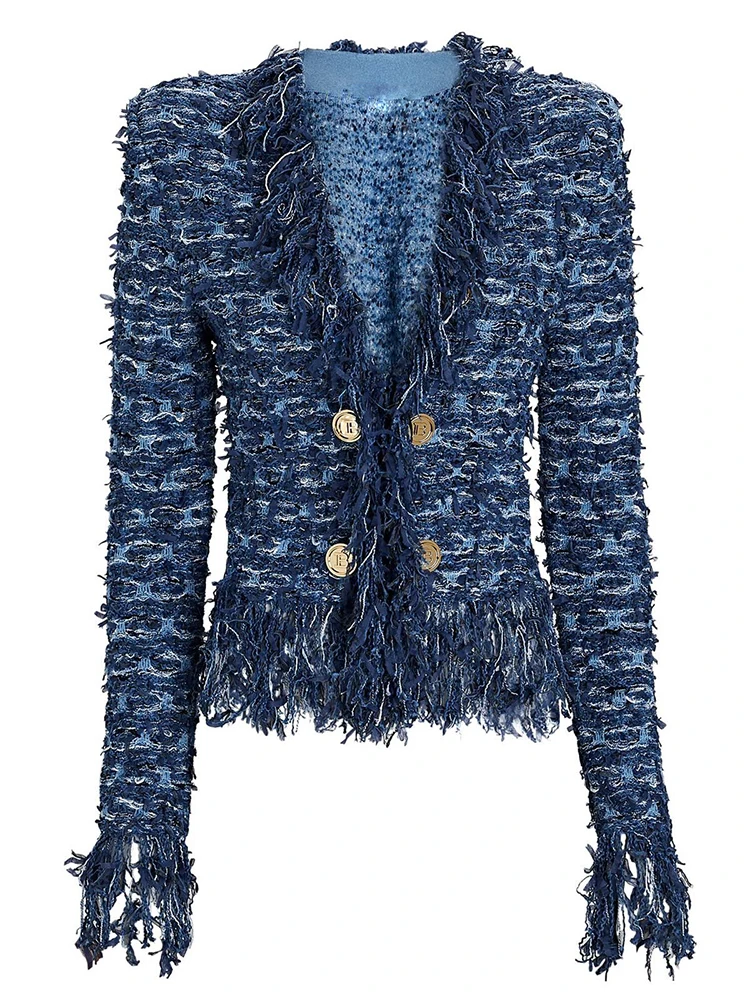 HIGH STREET Newest 2022 Fall Winter Fashion Designer Jacket Women Lion Buttons Embellished Tassel Knit Cardigan