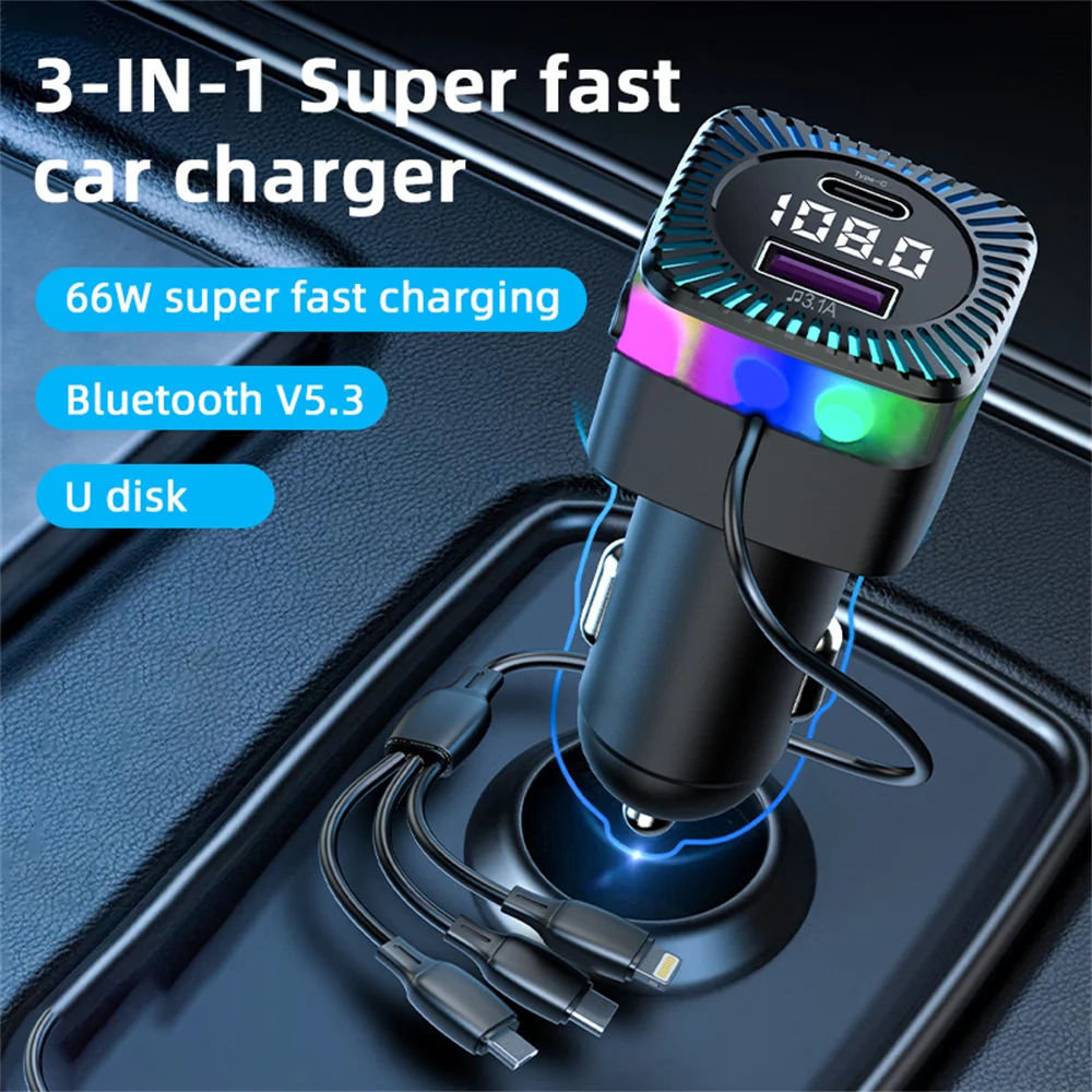 

Car Bluetooth 5.3 FM Transmitter Wireless Audio Receiver Car MP3 Player 66W PD Fast Charger Ambient Light Muti-point Charger