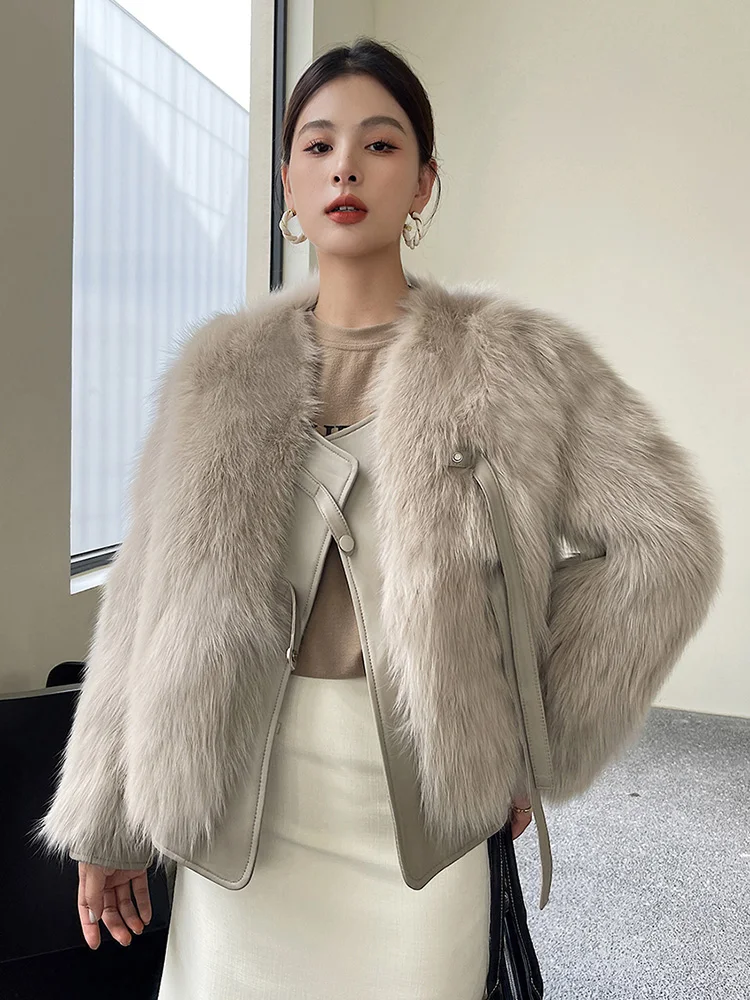 New Women Real Fur Coat Autumn Winter Elegant Fashion Young Style Fox Fur Splicing Sheepskin Goose Down Lining Loose Fur Jacket