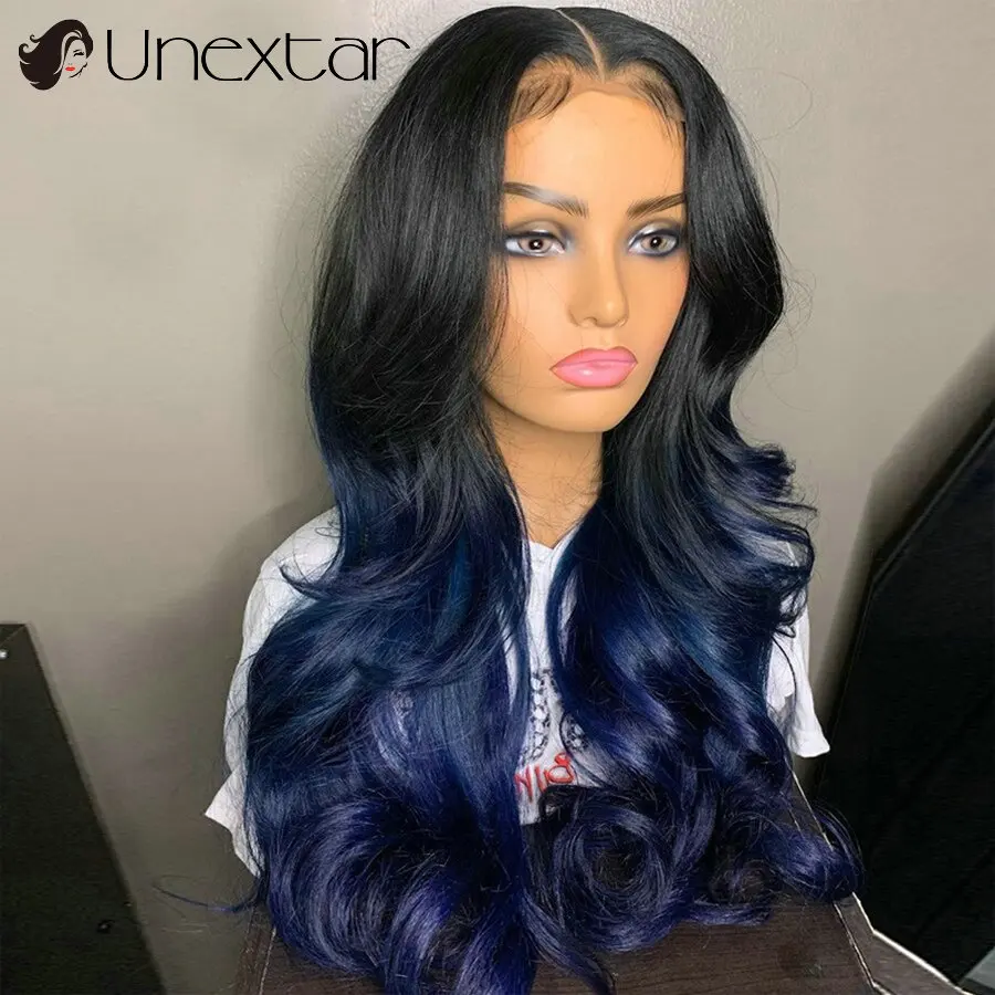 Dark Blue Brazilian Wavy Remy Wig 13x4 Ombre Blue Lace Front Female Wig 250% Density Hd Transparent Lace Human Hair for Women