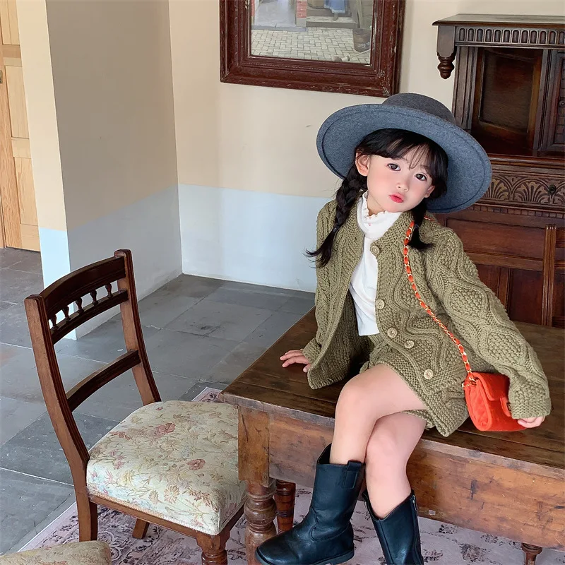 

Children Sweater Set 2022 Autumn Winter New Korean Thickened Knitted Cardigan Sweater Coat with Shorts Two-piece Twist Rib Knit