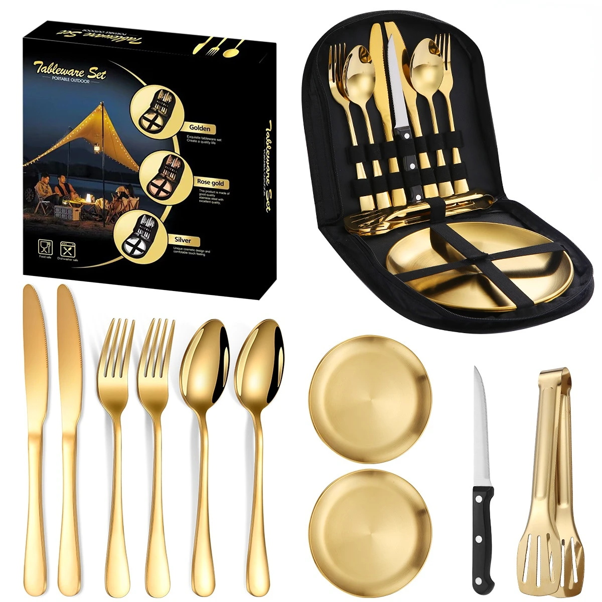 

Набор посуды из нержавеющей стали для кемпинга, барбекю, тарелки, нож, вилка, ложка, дорожная портативная посуда, подарочная коробка