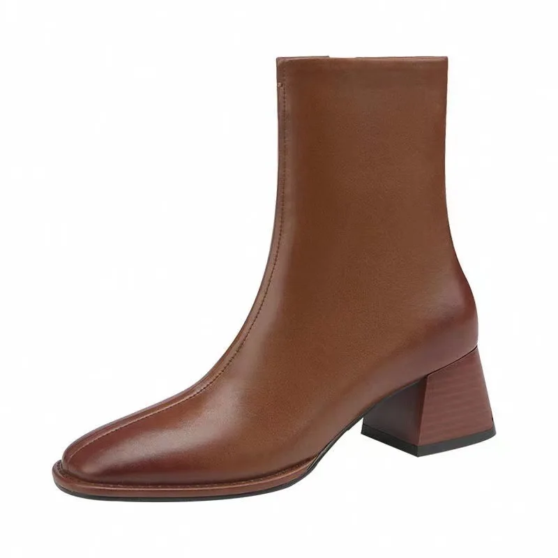 

Autumn and Winter New2023 Fashion Square Head Retro High Thick Heel Side Zipper Skinny Short Boots Women's All-match Nude Boots