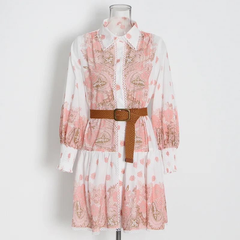 

Bohemian Women Pink Sweet Dress 2022 New Vintage Print Lapel Long Sleeve Lace Up Waist Design Mini Dress Female Vestido Splicing