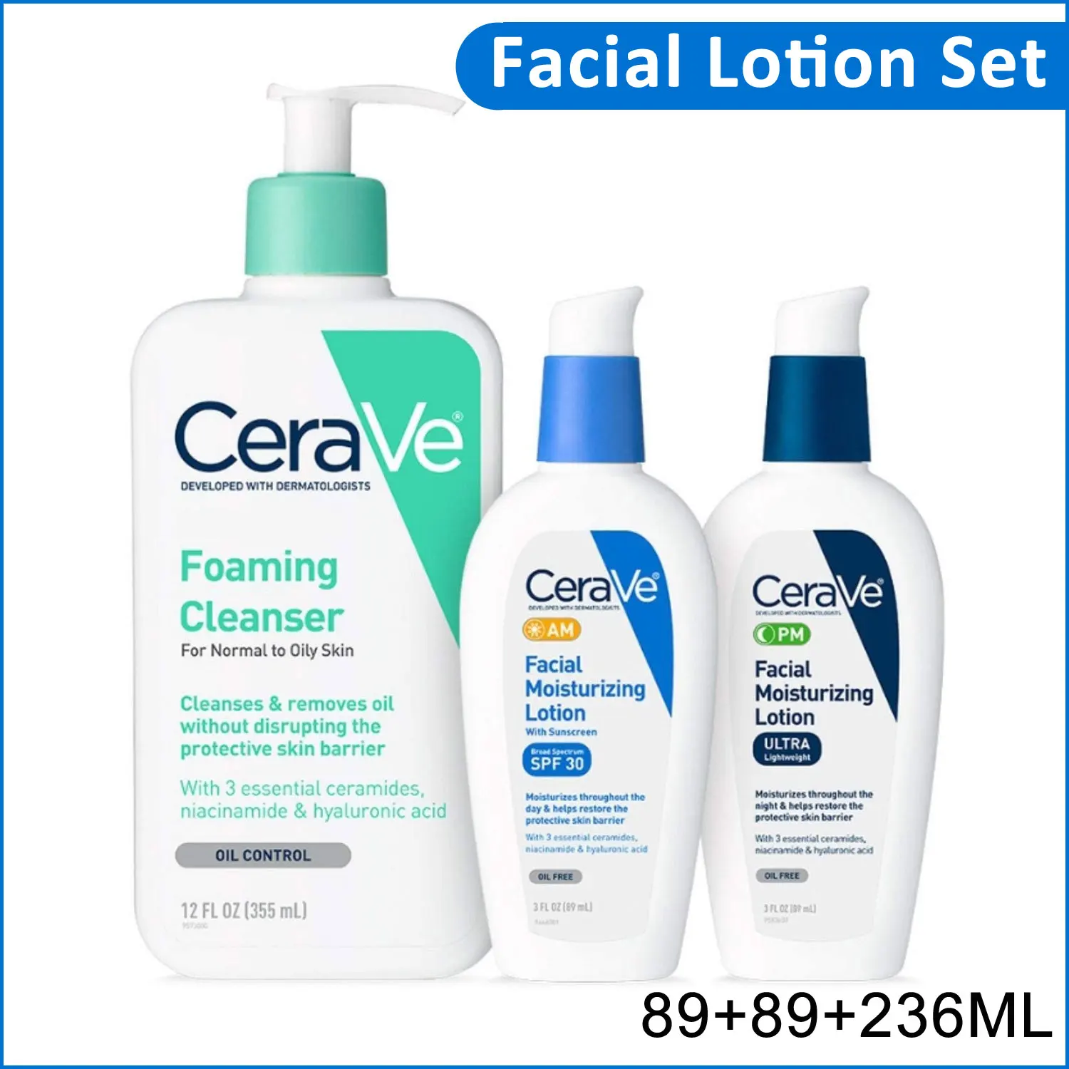 

Набор для ухода за кожей CeraVe Skincare, очищающее средство для лица 89 мл + увлажняющий лосьон AM PM, лосьон 89 мл SPF 30, увлажняющий отбеливающий крем для лица