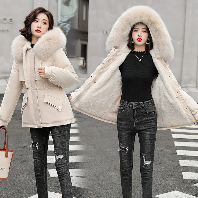 Big Wool Fur Collar Padded Clothes for Women 2022 Winter  Korean Fashion Short Parkas Coats Korean Fashion High Waist  Hooded