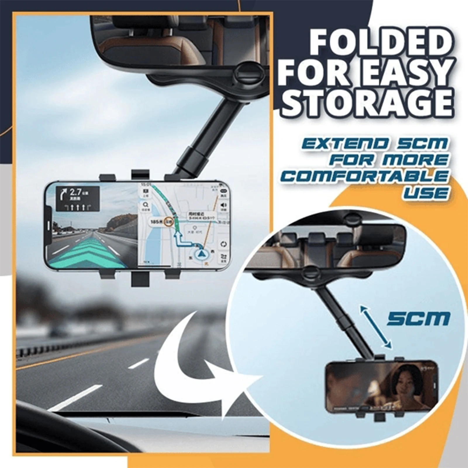 360° Rearview Mirror Phone Holder for Car Mount Phone and GPS Holder Universal Rotating Adjustable Telescopic Car Phone Holder