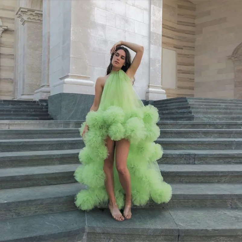 Fluorescent Green Prom Gowns Lush Asymmertical Photography Tulle Ruffle Maxi Dress Girls Halter-Neckline Customized